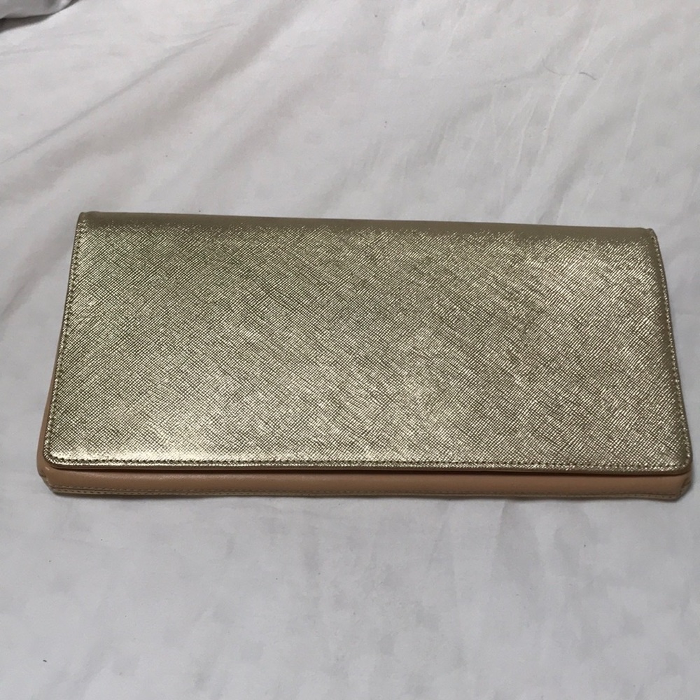 New! halogen gold leather clutch with multi credit card slots and multi zippers